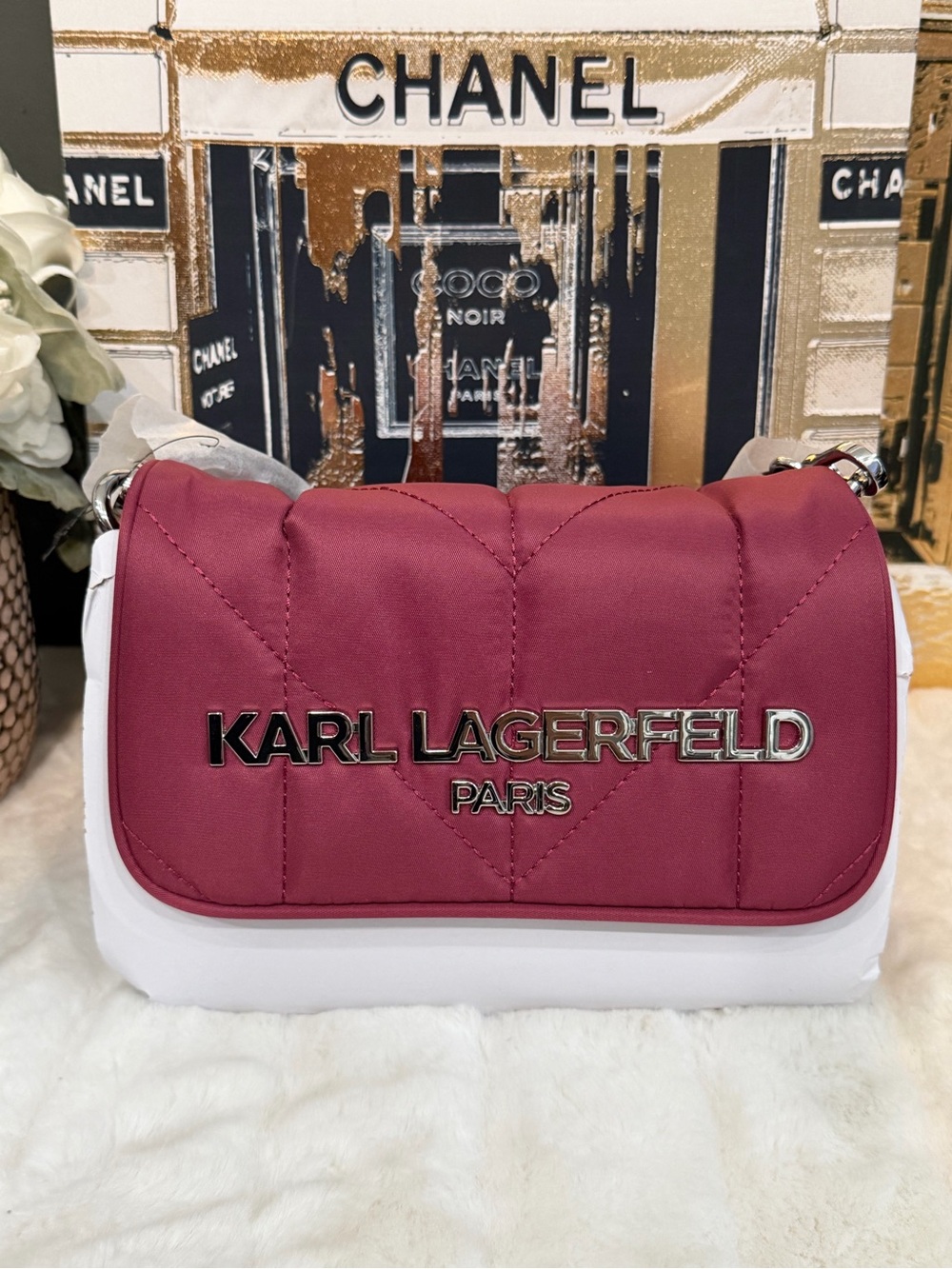 Karl Lagerfeld Quilted Crossbody in Berry and White